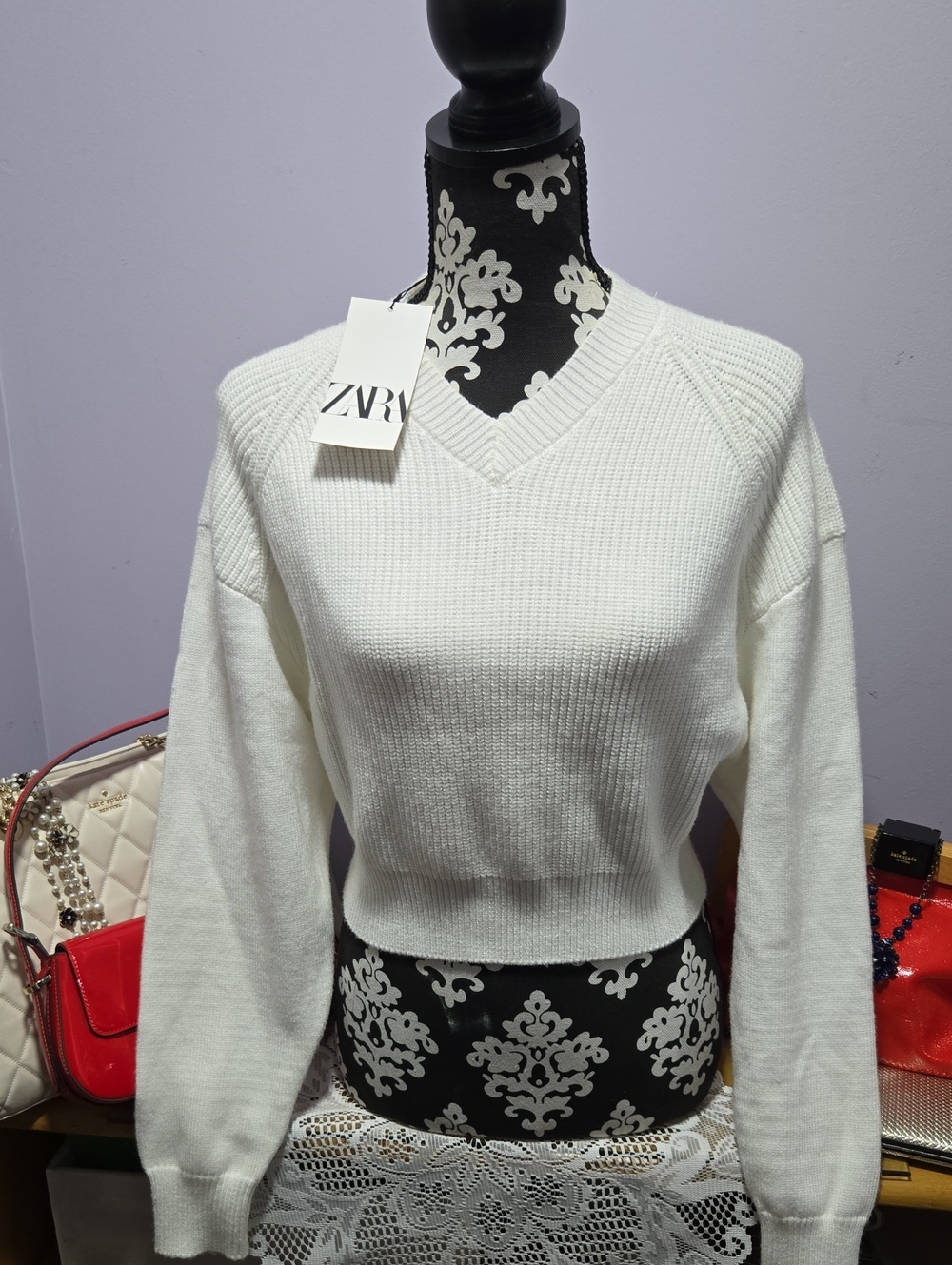 Zara White V-Neck Ribbed Balloon Sleeve Pullover